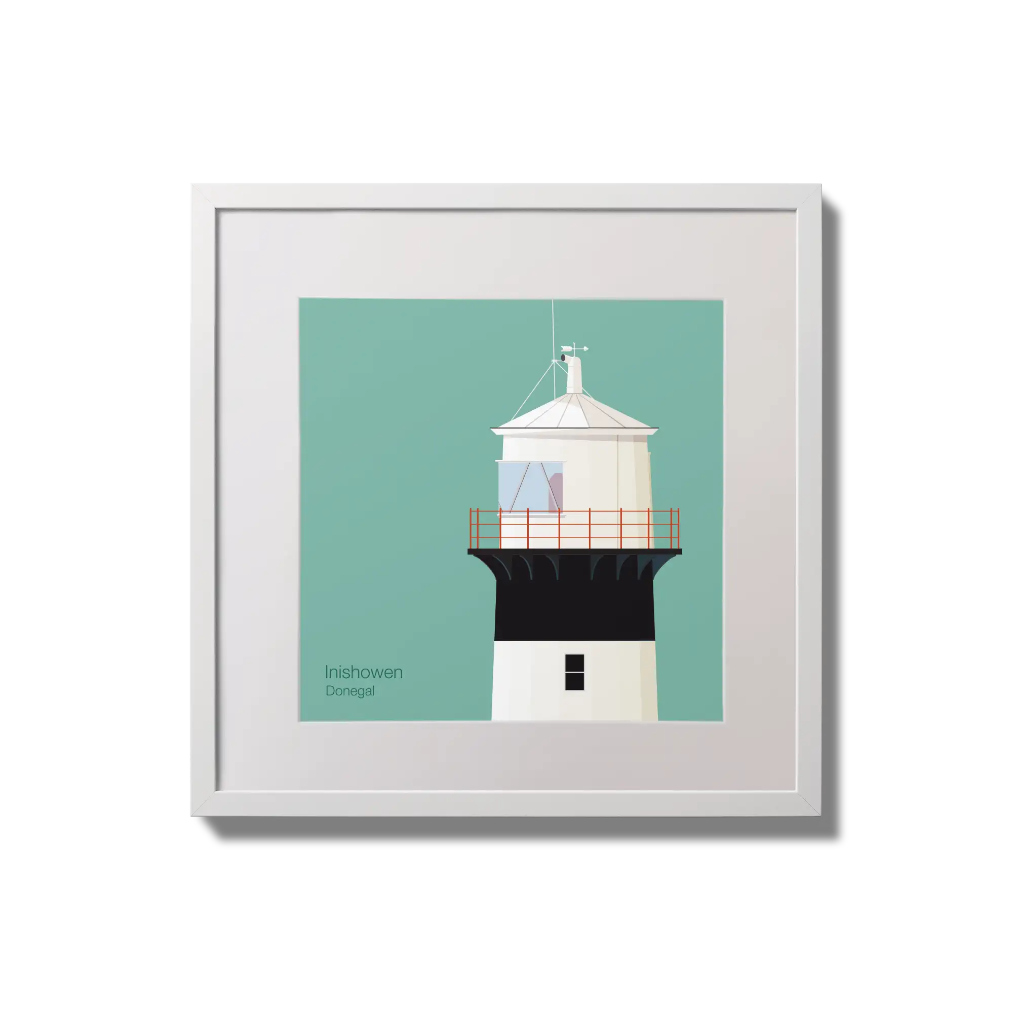 Illustration of inishowen lighthouse on an ocean green background,  in a white square frame measuring 20x20cm.