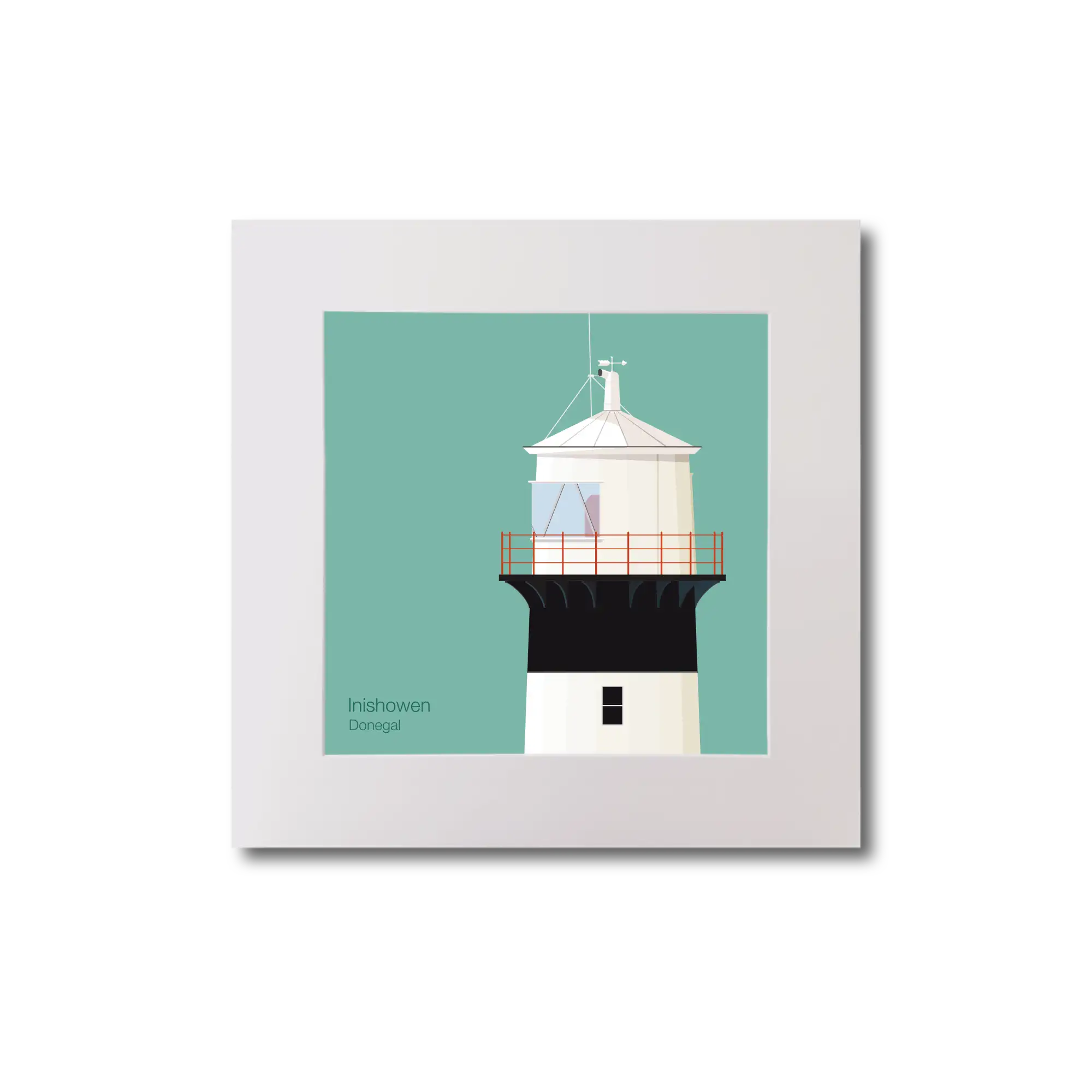 Illustration of inishowen lighthouse on an ocean green background, mounted and measuring 20x20cm.