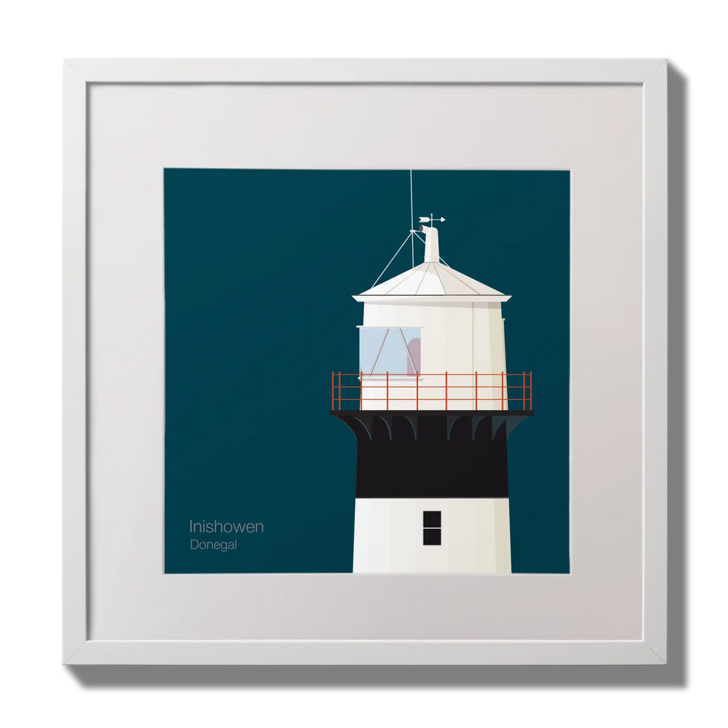 Illustration of inishowen lighthouse on a midnight blue background,  in a white square frame measuring 30x30cm.