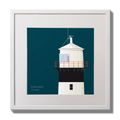 Illustration of inishowen lighthouse on a midnight blue background,  in a white square frame measuring 30x30cm.