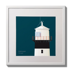 Illustration of inishowen lighthouse on a midnight blue background,  in a white square frame measuring 30x30cm.