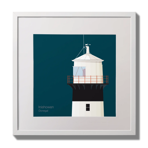 Illustration of inishowen lighthouse on a midnight blue background,  in a white square frame measuring 30x30cm.