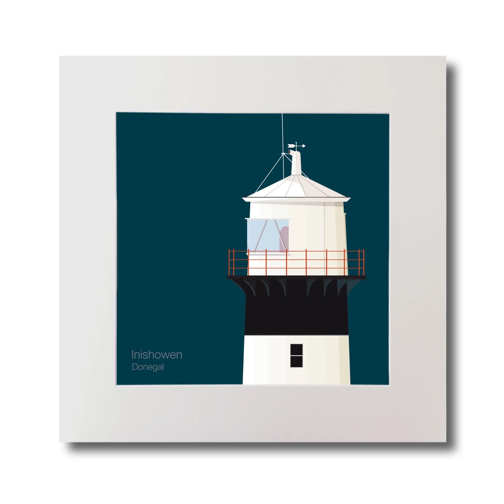 Illustration of inishowen lighthouse on a midnight blue background, mounted and measuring 30x30cm.