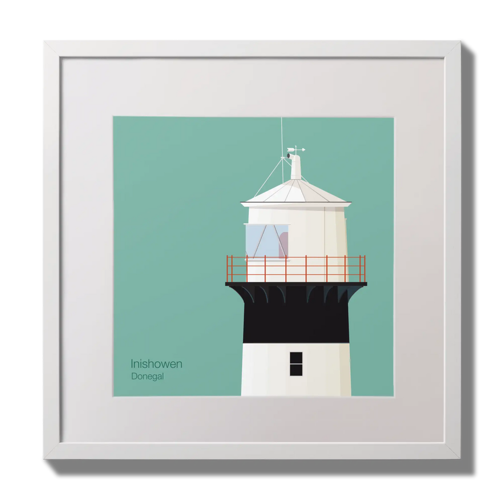 Illustration of inishowen lighthouse on an ocean green background,  in a white square frame measuring 30x30cm.