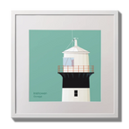 Illustration of inishowen lighthouse on an ocean green background,  in a white square frame measuring 30x30cm.