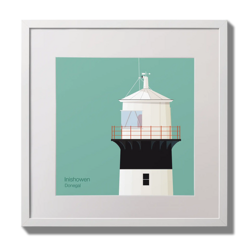 Illustration of inishowen lighthouse on an ocean green background,  in a white square frame measuring 30x30cm.