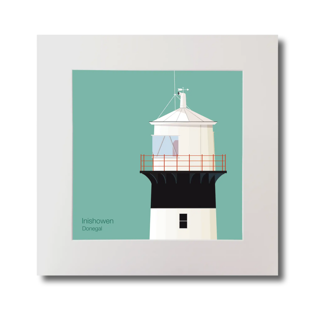 Illustration of inishowen lighthouse on an ocean green background, mounted and measuring 30x30cm.