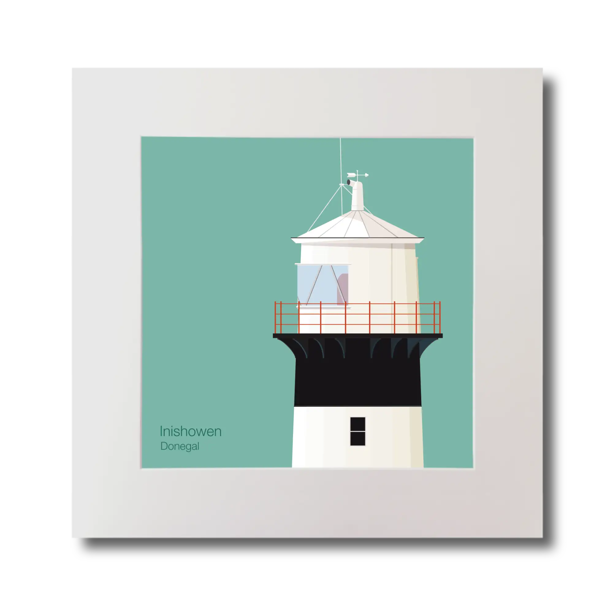Illustration of inishowen lighthouse on an ocean green background, mounted and measuring 30x30cm.