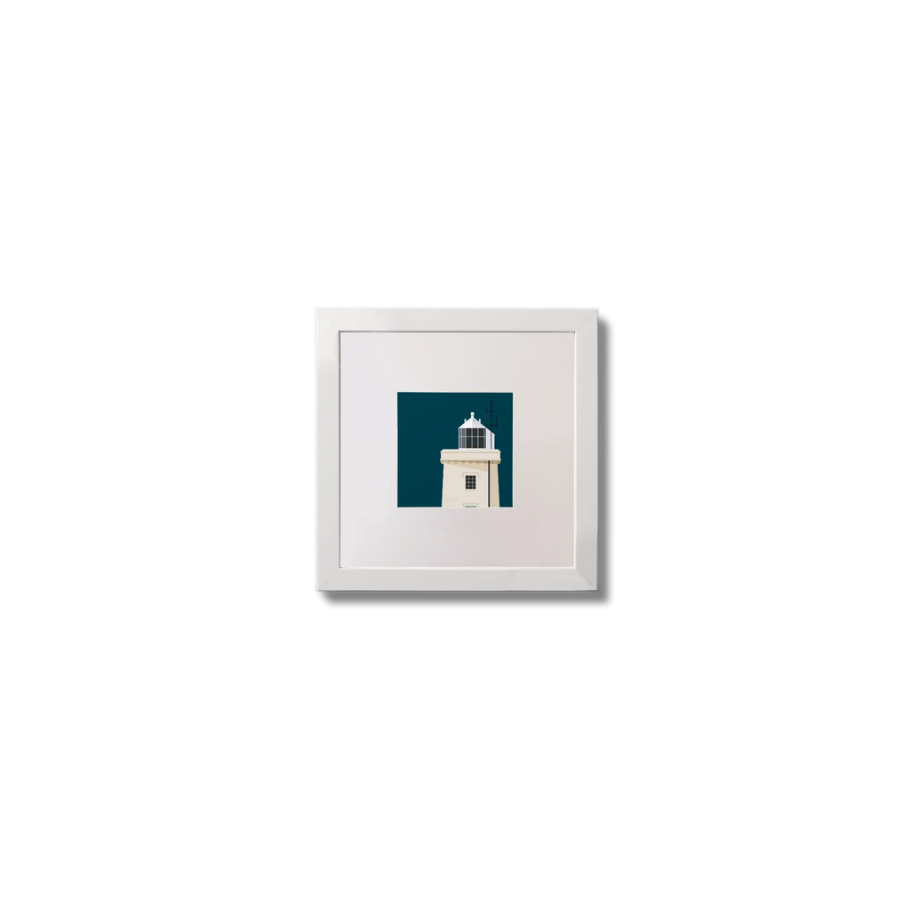 Illustration of Blacksod lighthouse on a midnight blue background,  in a white square frame measuring 10x10cm.