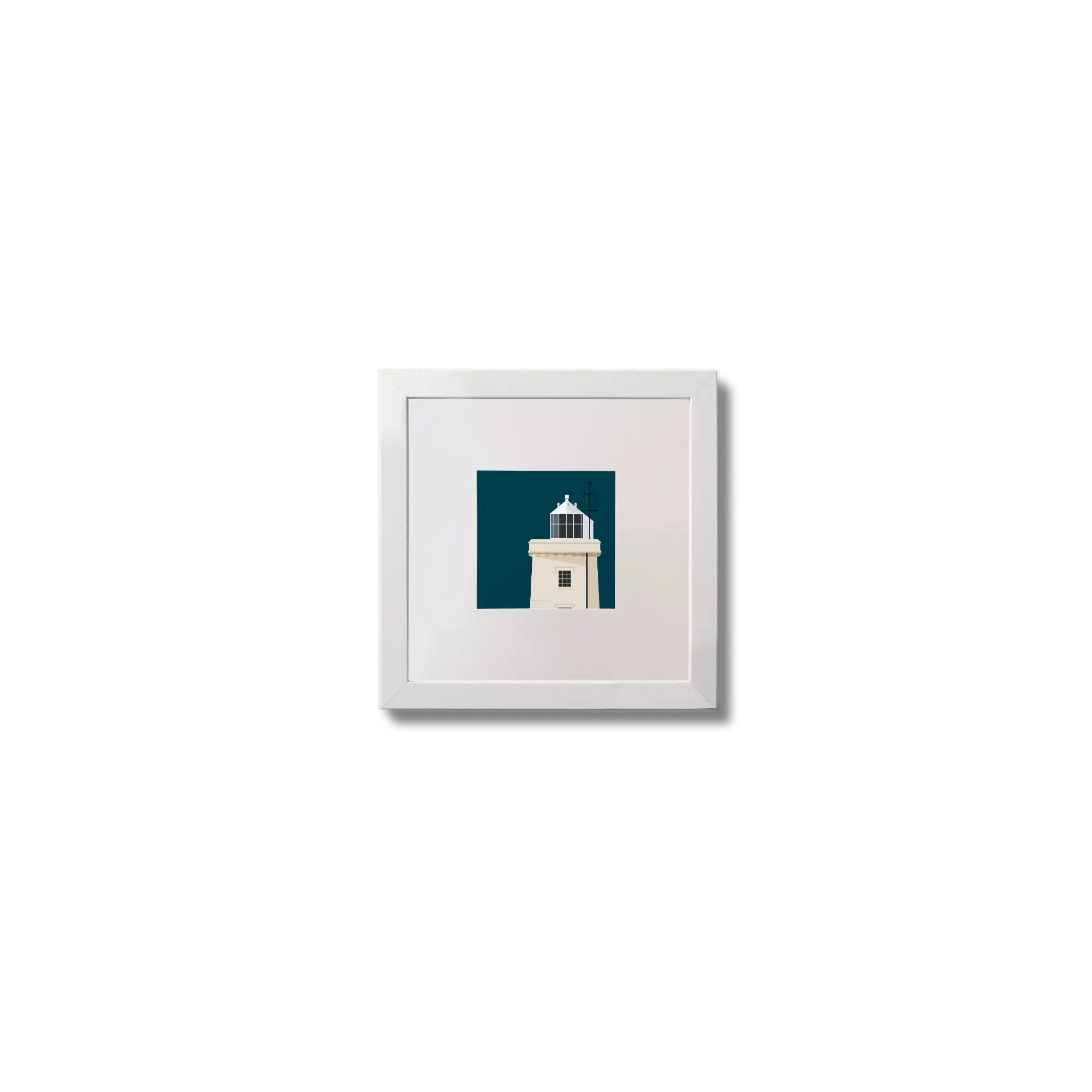 Illustration of Blacksod lighthouse on a midnight blue background,  in a white square frame measuring 10x10cm.