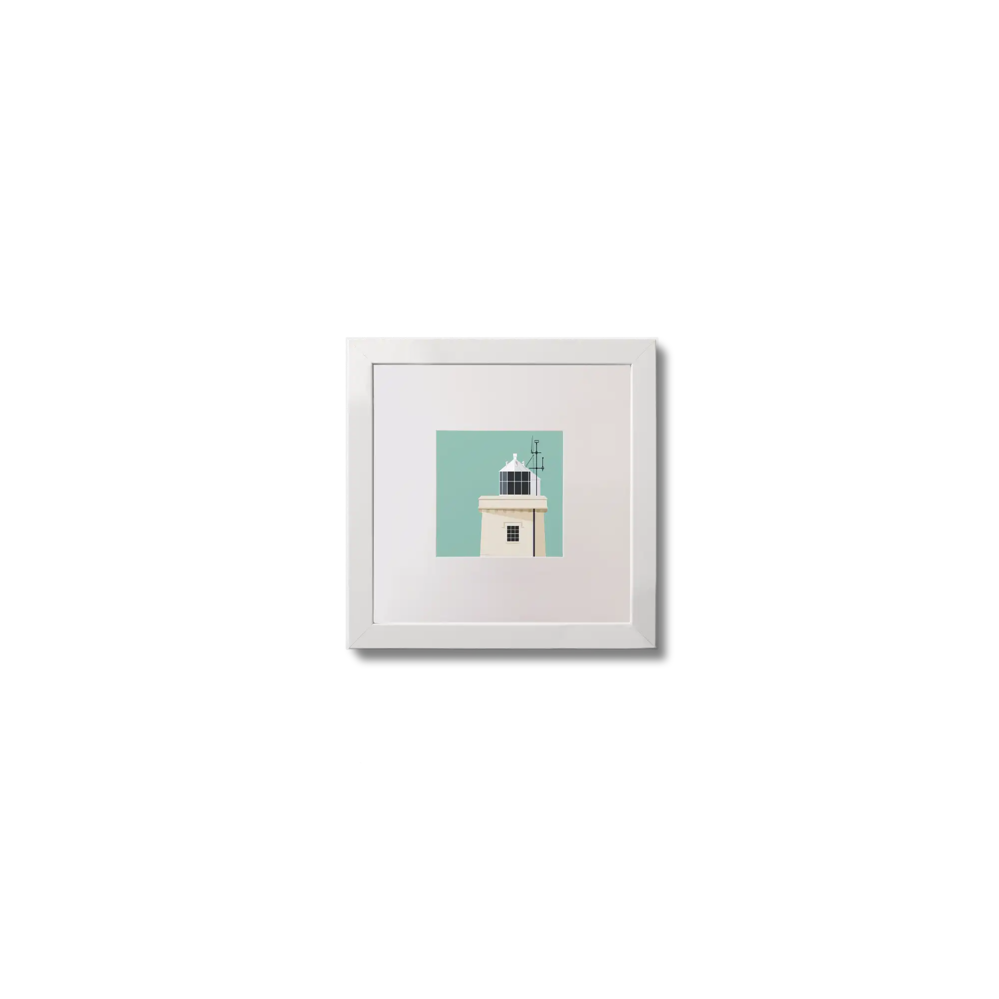 Illustration of Blacksod lighthouse on an ocean green background,  in a white square frame measuring 10x10cm.