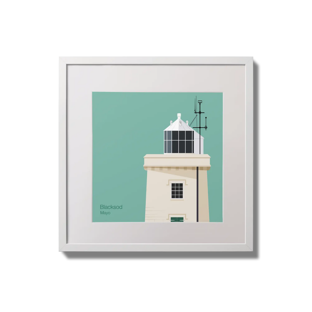 Illustration of Blacksod lighthouse on an ocean green background,  in a white square frame measuring 20x20cm.