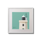 Illustration of Blacksod lighthouse on an ocean green background,  in a white square frame measuring 20x20cm.