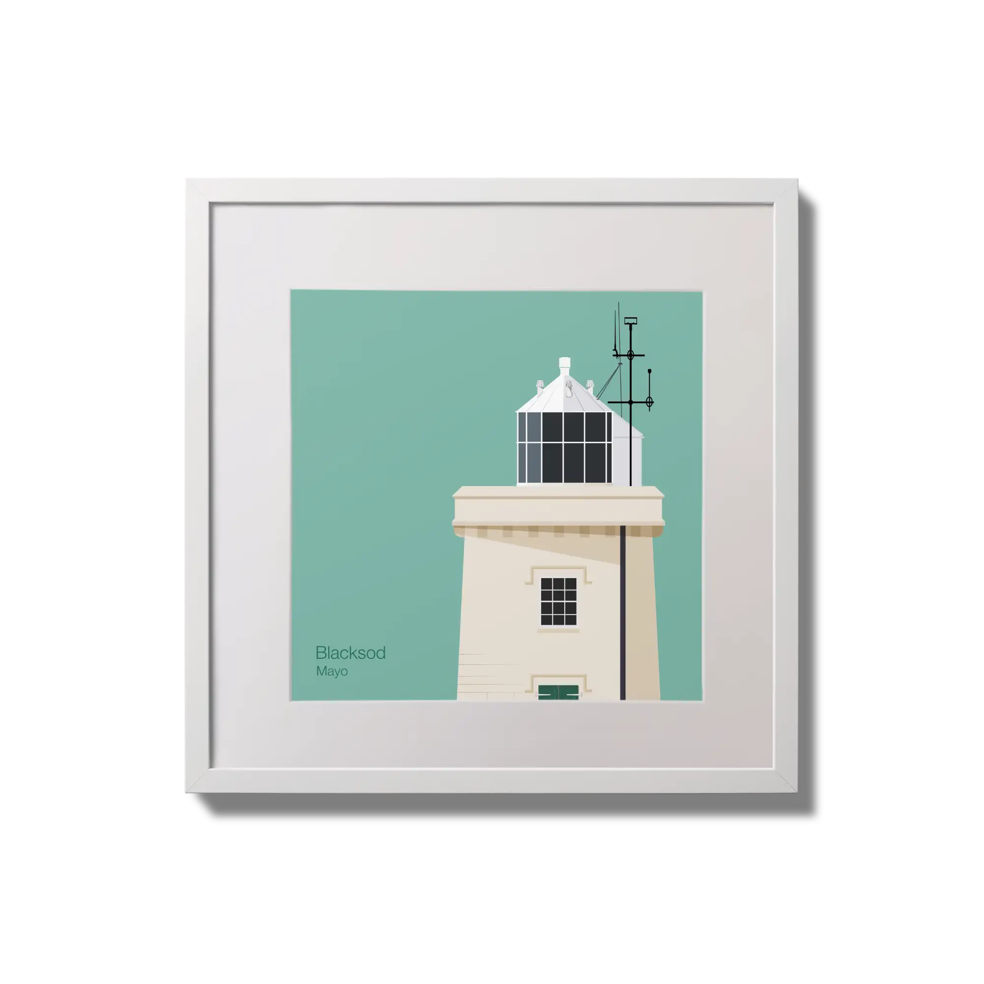 Illustration of Blacksod lighthouse on an ocean green background,  in a white square frame measuring 20x20cm.