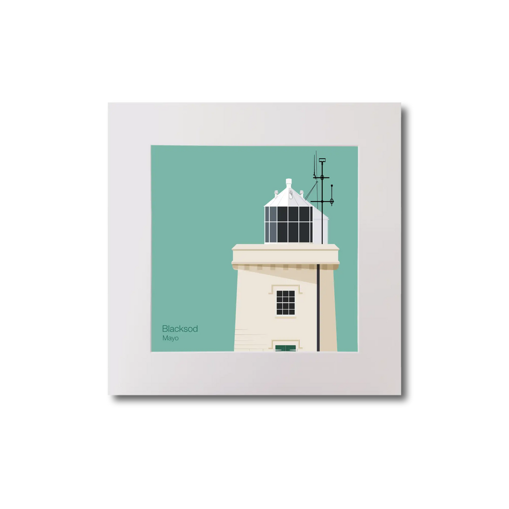 Illustration of Blacksod lighthouse on an ocean green background, mounted and measuring 20x20cm.