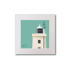 Illustration of Blacksod lighthouse on an ocean green background, mounted and measuring 20x20cm.