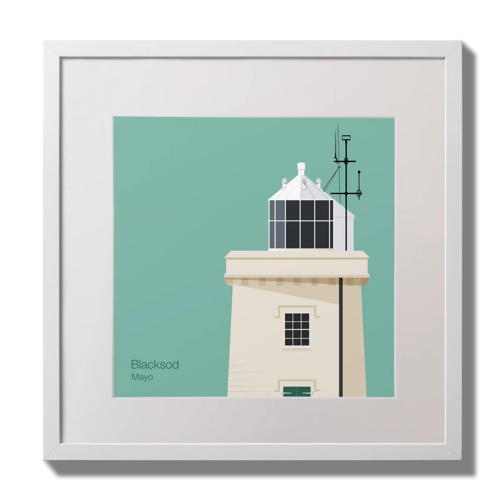 Illustration of Blacksod lighthouse on an ocean green background,  in a white square frame measuring 30x30cm.