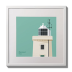 Illustration of Blacksod lighthouse on an ocean green background,  in a white square frame measuring 30x30cm.