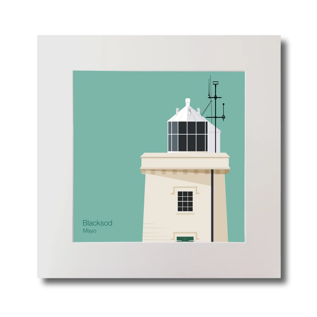 Illustration of Blacksod lighthouse on an ocean green background, mounted and measuring 30x30cm.