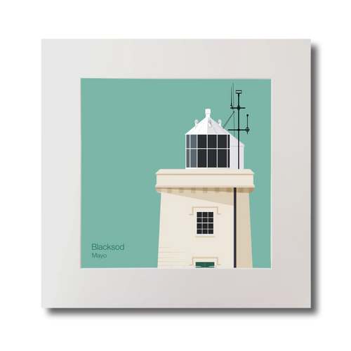 Illustration of Blacksod lighthouse on an ocean green background, mounted and measuring 30x30cm.