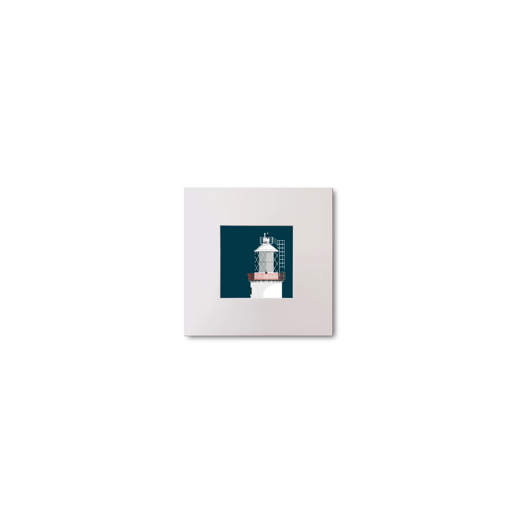 Illustration of The Maidens lighthouse on a midnight blue background, mounted and measuring 10x10cm.