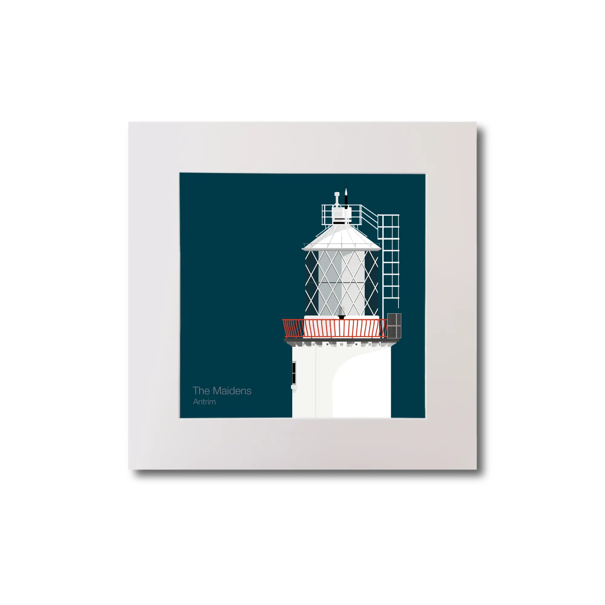 Illustration of The Maidens lighthouse on a midnight blue background, mounted and measuring 20x20cm.