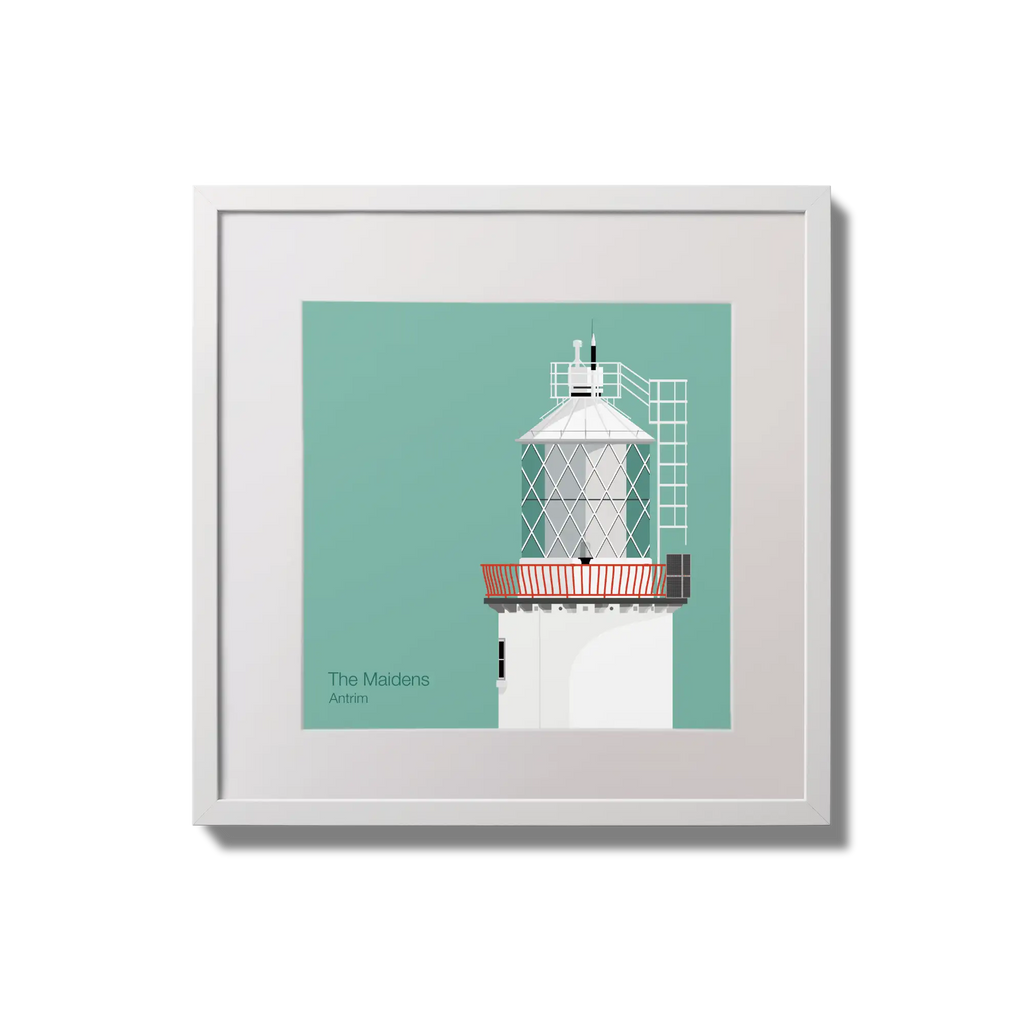 Illustration of The Maidens lighthouse on an ocean green background,  in a white square frame measuring 20x20cm.