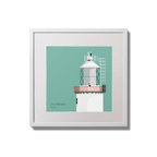 Illustration of The Maidens lighthouse on an ocean green background,  in a white square frame measuring 20x20cm.
