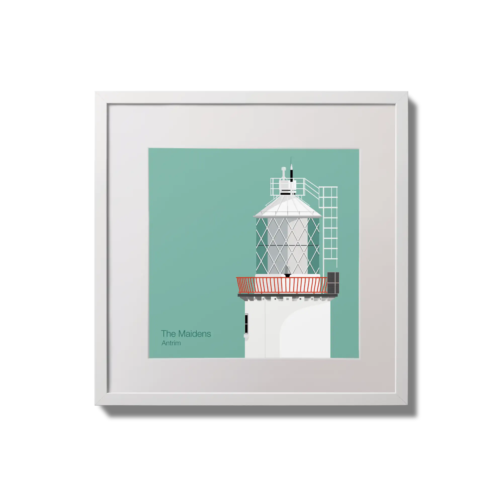 Illustration of The Maidens lighthouse on an ocean green background,  in a white square frame measuring 20x20cm.