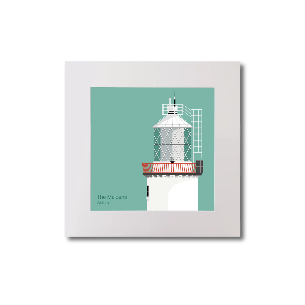 Illustration of The Maidens lighthouse on an ocean green background, mounted and measuring 20x20cm.