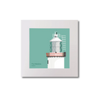 Illustration of The Maidens lighthouse on an ocean green background, mounted and measuring 20x20cm.