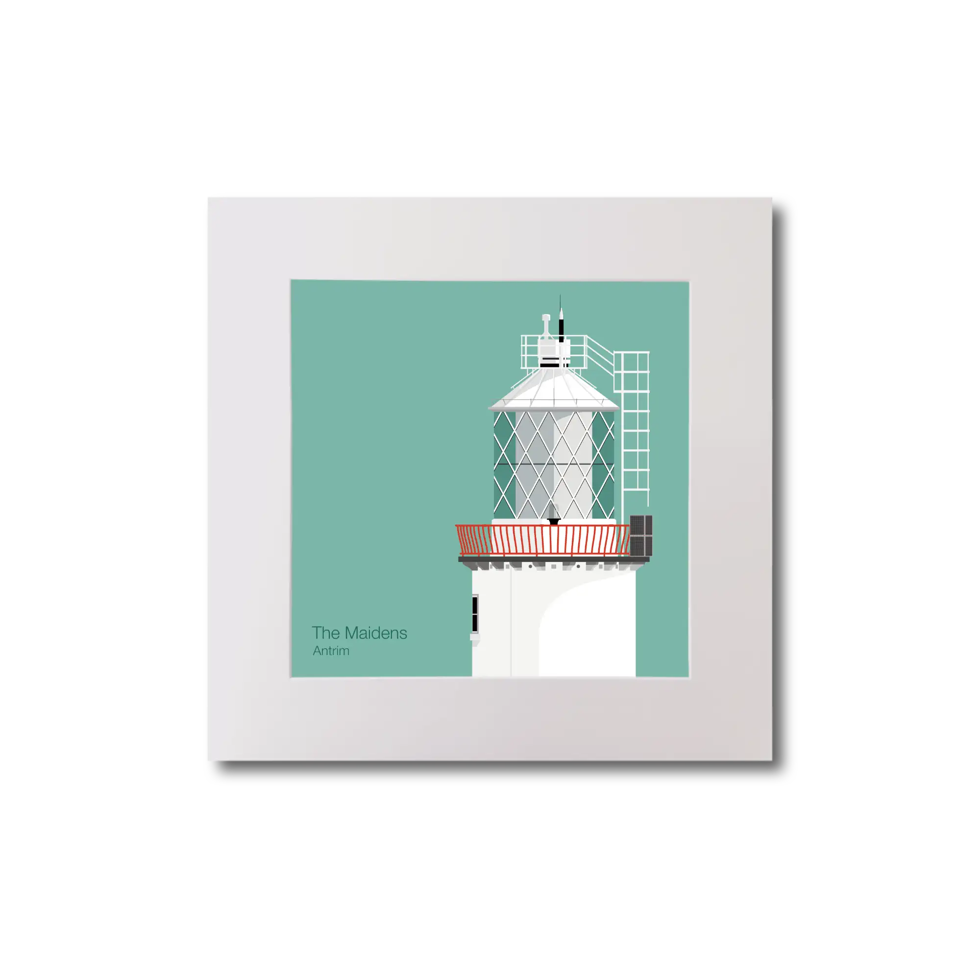 Illustration of The Maidens lighthouse on an ocean green background, mounted and measuring 20x20cm.