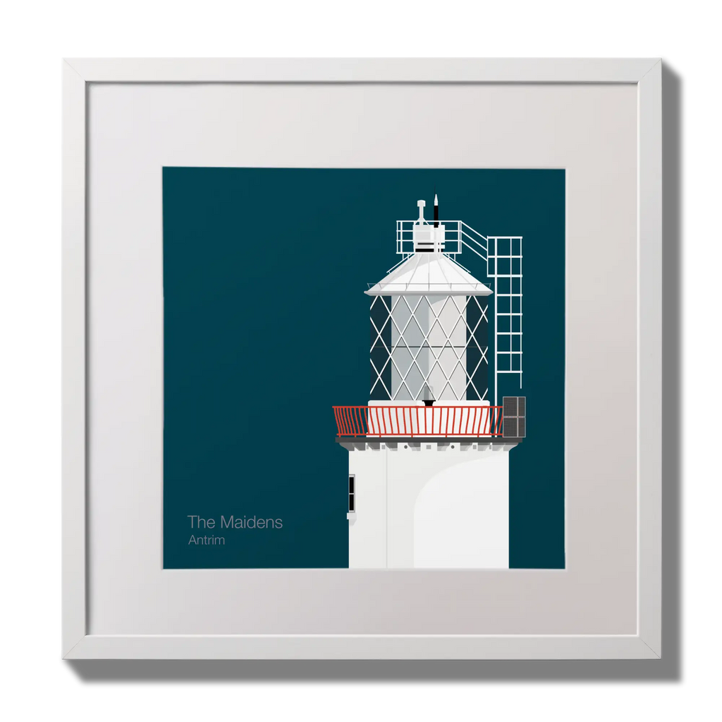 Illustration of The Maidens lighthouse on a midnight blue background,  in a white square frame measuring 30x30cm.
