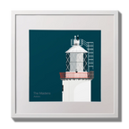 Illustration of The Maidens lighthouse on a midnight blue background,  in a white square frame measuring 30x30cm.