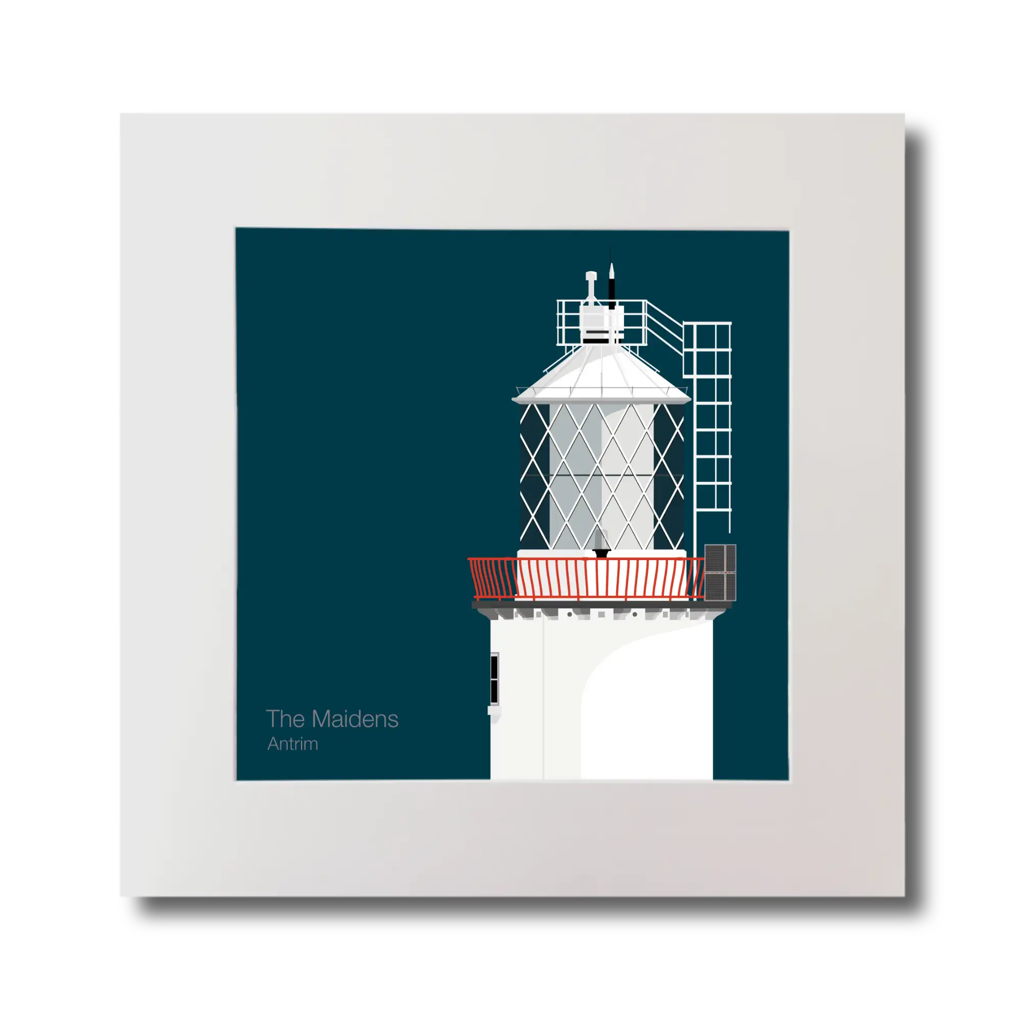 Illustration of The Maidens lighthouse on a midnight blue background, mounted and measuring 30x30cm.