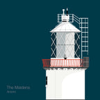 Illustration of The Maidens lighthouse on a midnight blue background