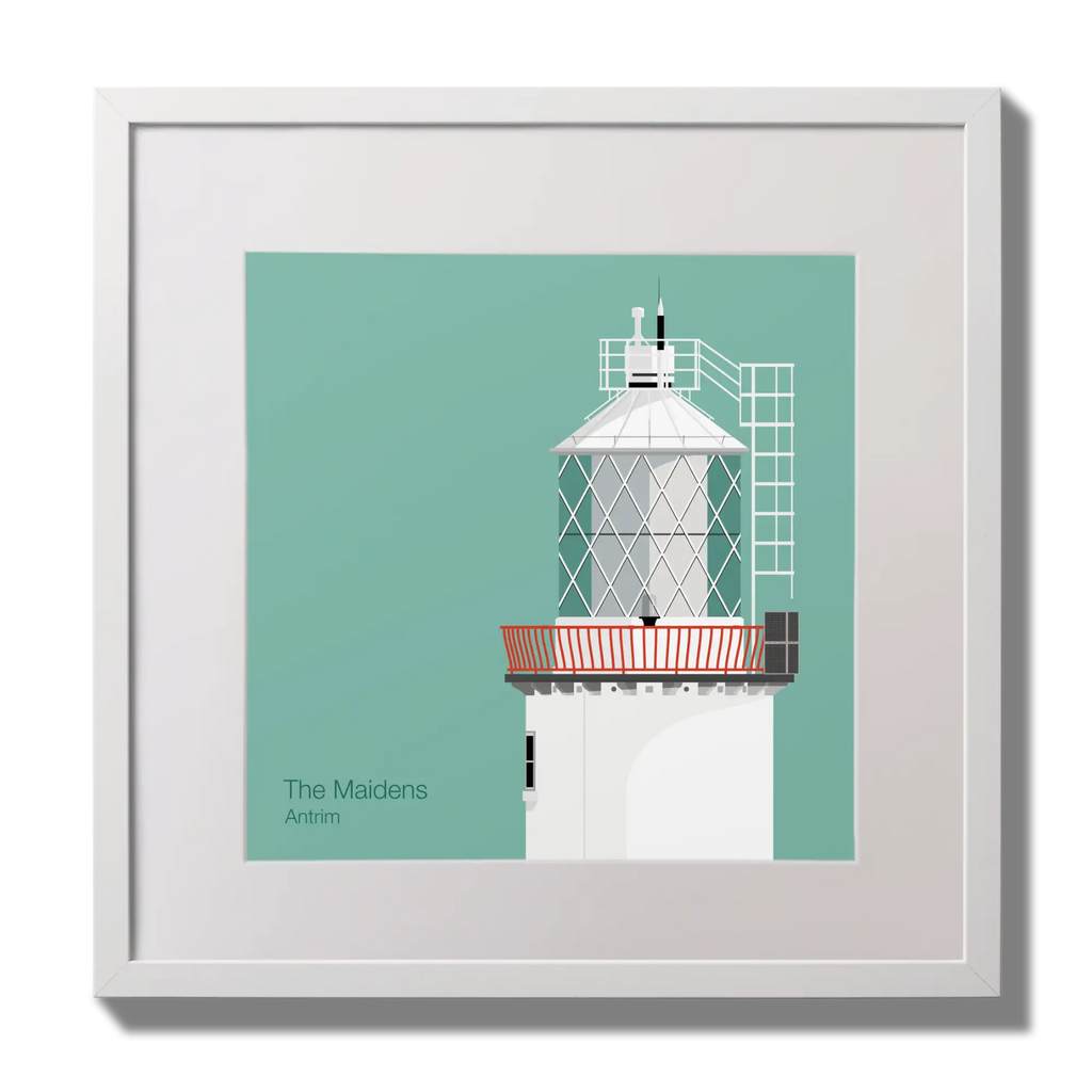 Illustration of The Maidens lighthouse on an ocean green background,  in a white square frame measuring 30x30cm.
