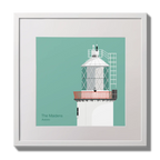 Illustration of The Maidens lighthouse on an ocean green background,  in a white square frame measuring 30x30cm.