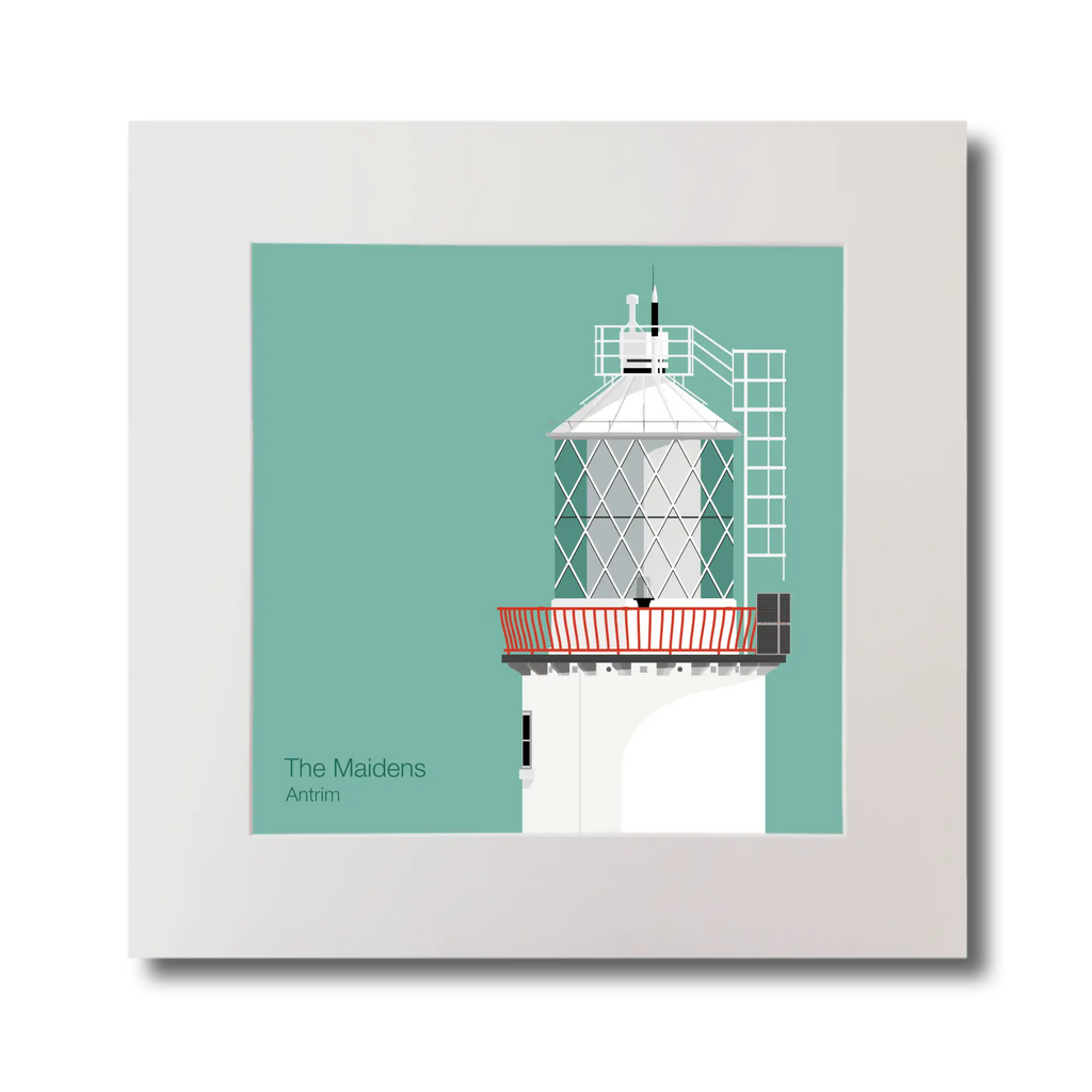 Illustration of The Maidens lighthouse on an ocean green background, mounted and measuring 30x30cm.