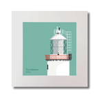 Illustration of The Maidens lighthouse on an ocean green background, mounted and measuring 30x30cm.