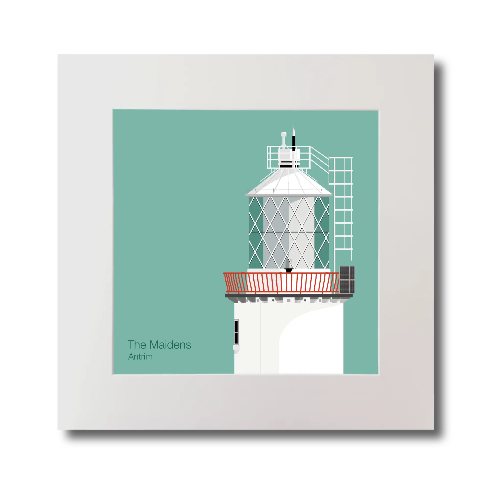 Illustration of The Maidens lighthouse on an ocean green background, mounted and measuring 30x30cm.