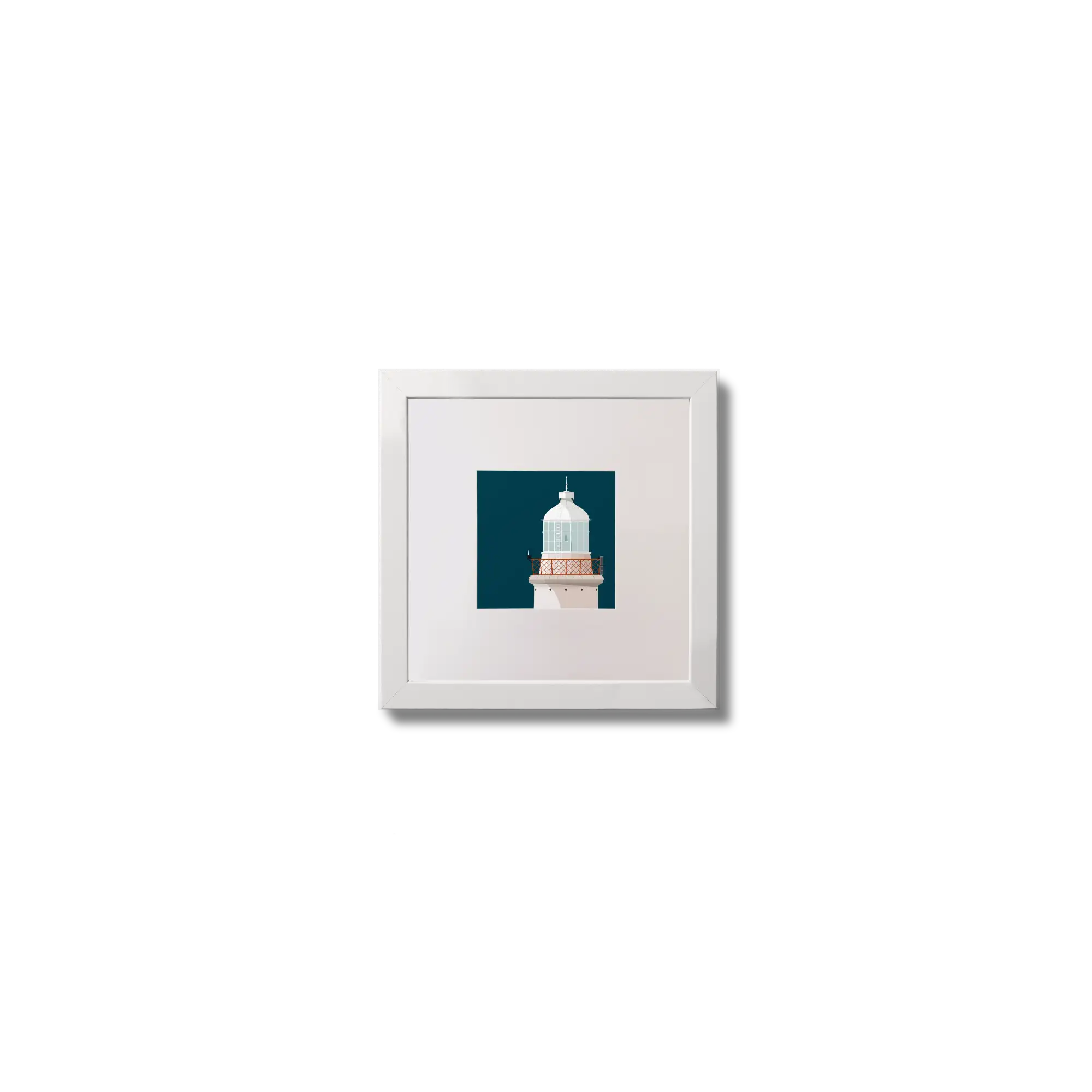 Illustration of Haulbowline lighthouse on a midnight blue background,  in a white square frame measuring 10x10cm.