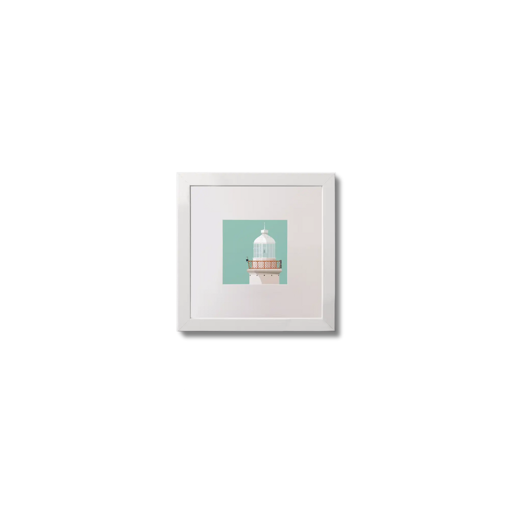 Illustration of Haulbowline lighthouse on an ocean green background,  in a white square frame measuring 10x10cm.