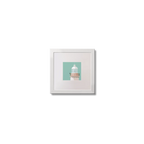Illustration of Haulbowline lighthouse on an ocean green background,  in a white square frame measuring 10x10cm.