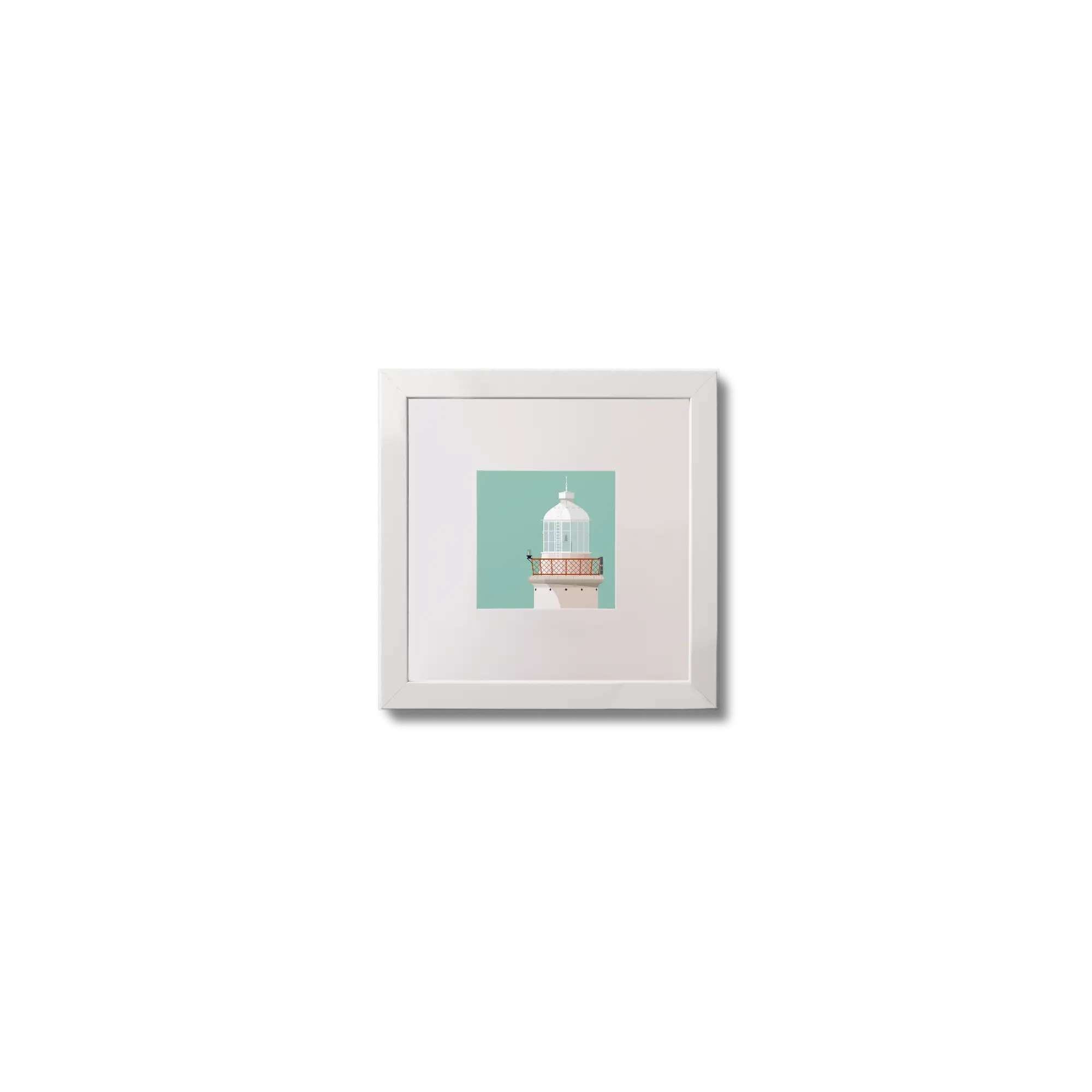 Illustration of Haulbowline lighthouse on an ocean green background,  in a white square frame measuring 10x10cm.