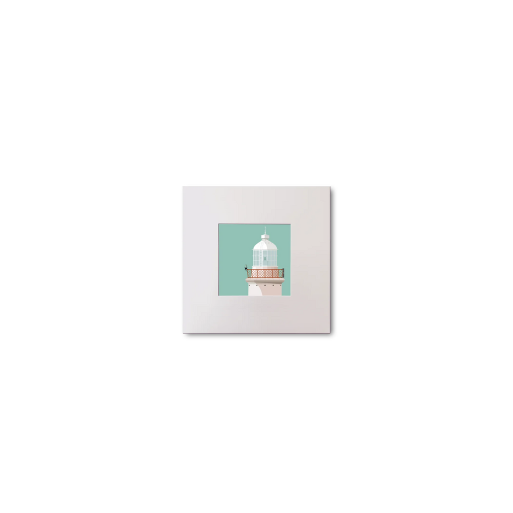 Illustration of Haulbowline lighthouse on an ocean green background, mounted and measuring 10x10cm.