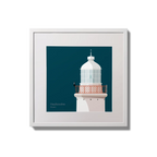 Illustration of Haulbowline lighthouse on a midnight blue background,  in a white square frame measuring 20x20cm.