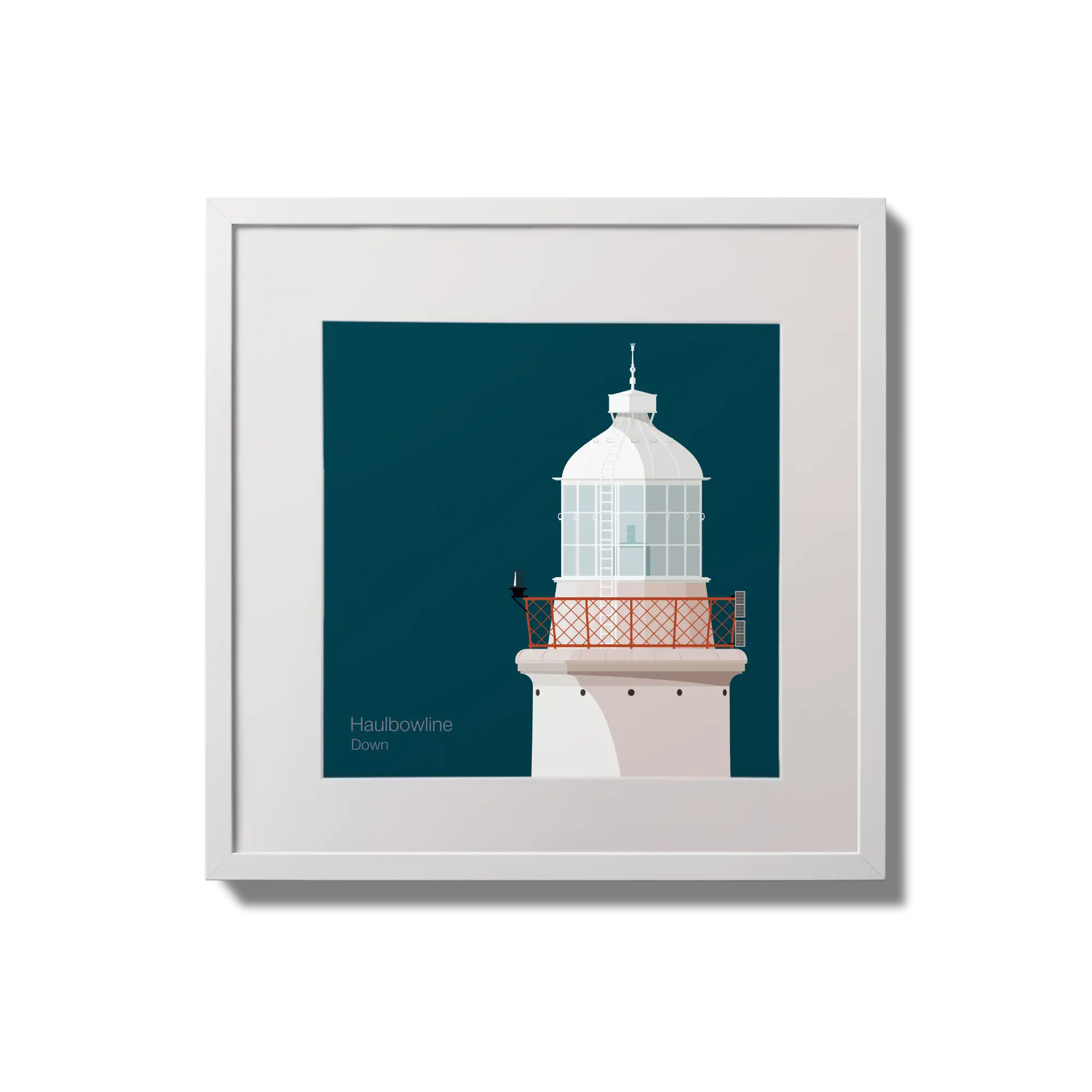 Illustration of Haulbowline lighthouse on a midnight blue background,  in a white square frame measuring 20x20cm.
