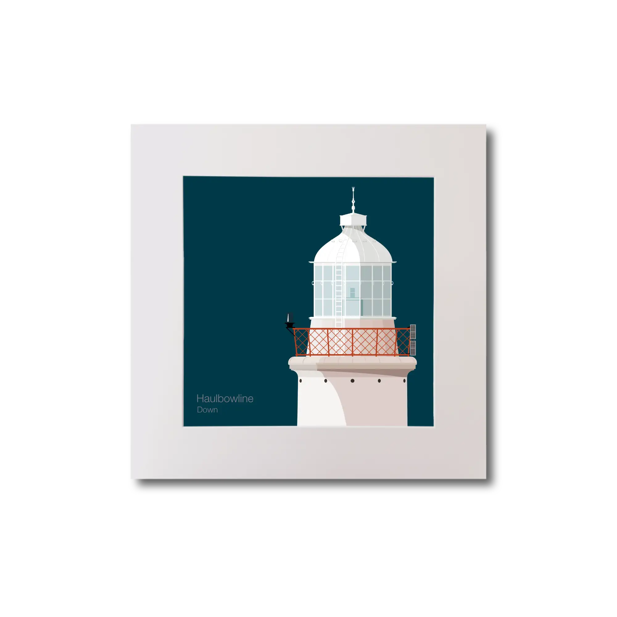 Illustration of Haulbowline lighthouse on a midnight blue background, mounted and measuring 20x20cm.