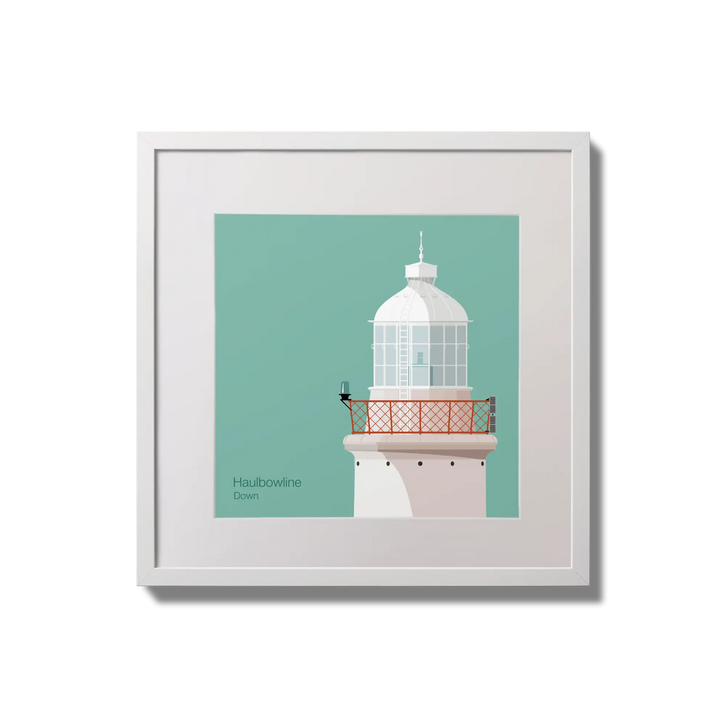 Illustration of Haulbowline lighthouse on an ocean green background,  in a white square frame measuring 20x20cm.
